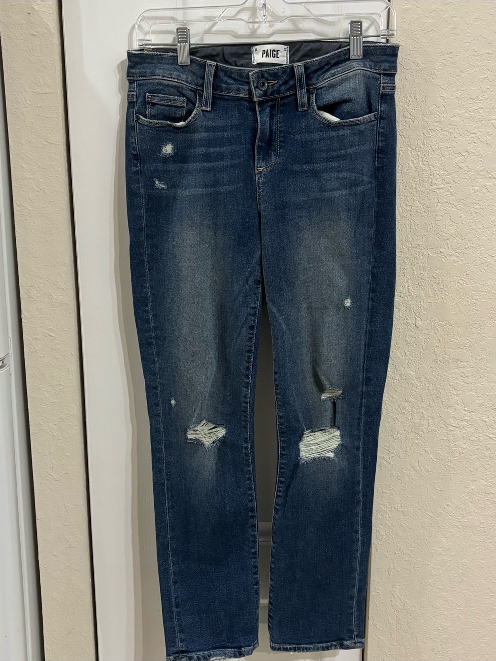 PAIGE Miki Straight Jeans in Dark Blue Colton Distressed Denim